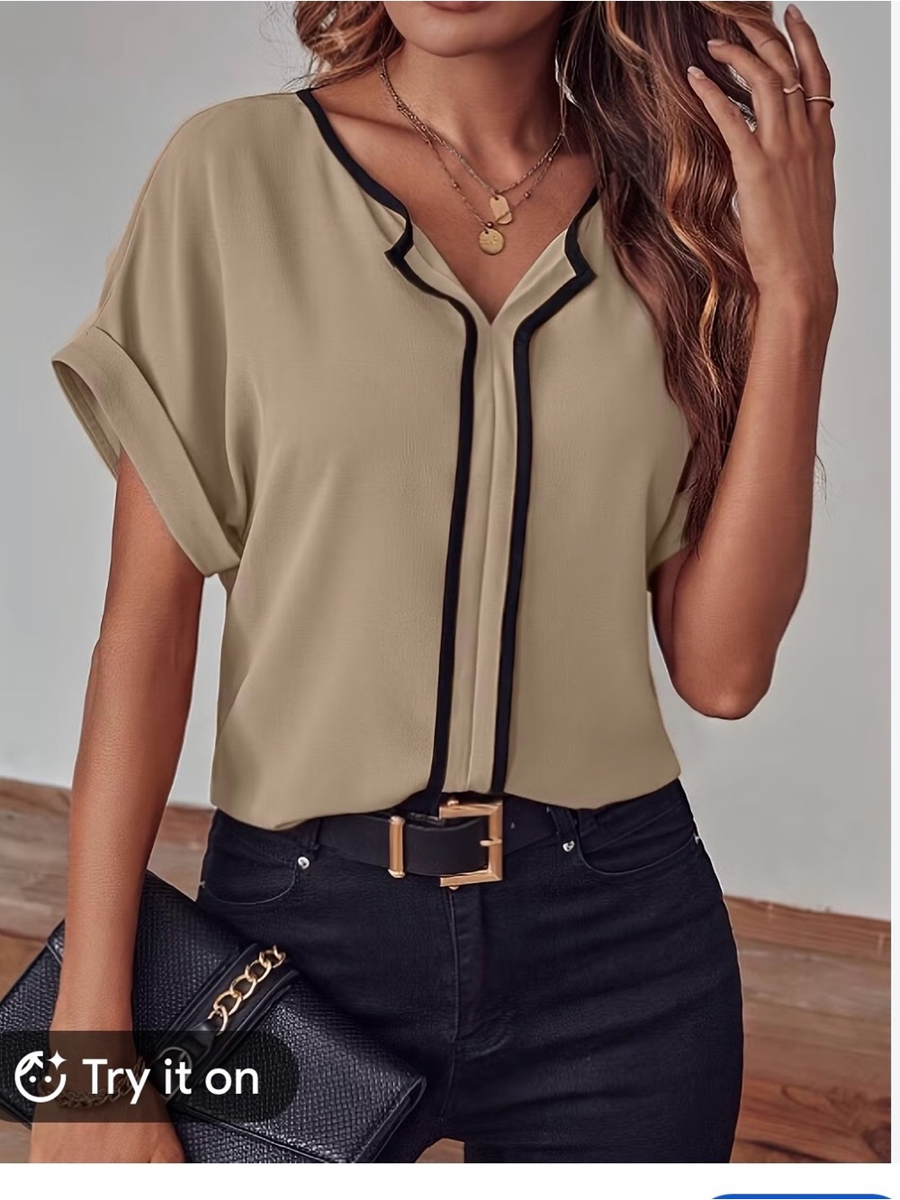 (NWOT) Casual Khaki V-Neck Short-Sleeve Business Blouse w/ black trim XXL